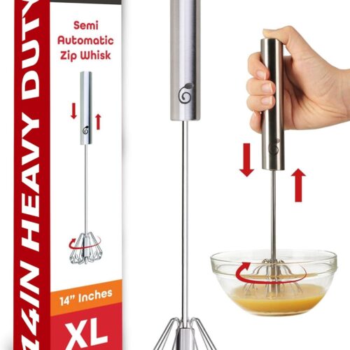 14 Inch Stainless Steel Hand Whisk – Durable & Easy to Use Push-Down Zip Whisker – Rotary Hand Mixer for Beating Eggs, Frothing Milk, Blending, Mixing, Whipping Smoothies & Shakes – Kitchen Tools