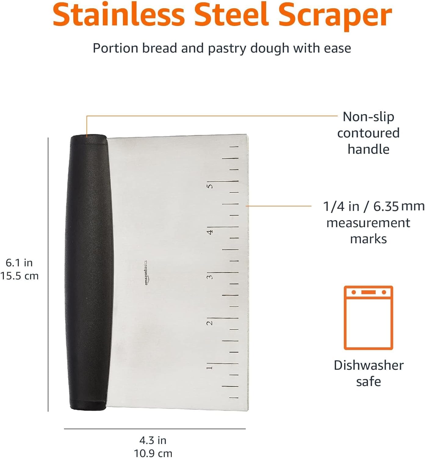 Amazon Basics Multi-Purpose Stainless Steel Scraper/Chopper with Contoured Grip, 6", Black, Silver - Image 4