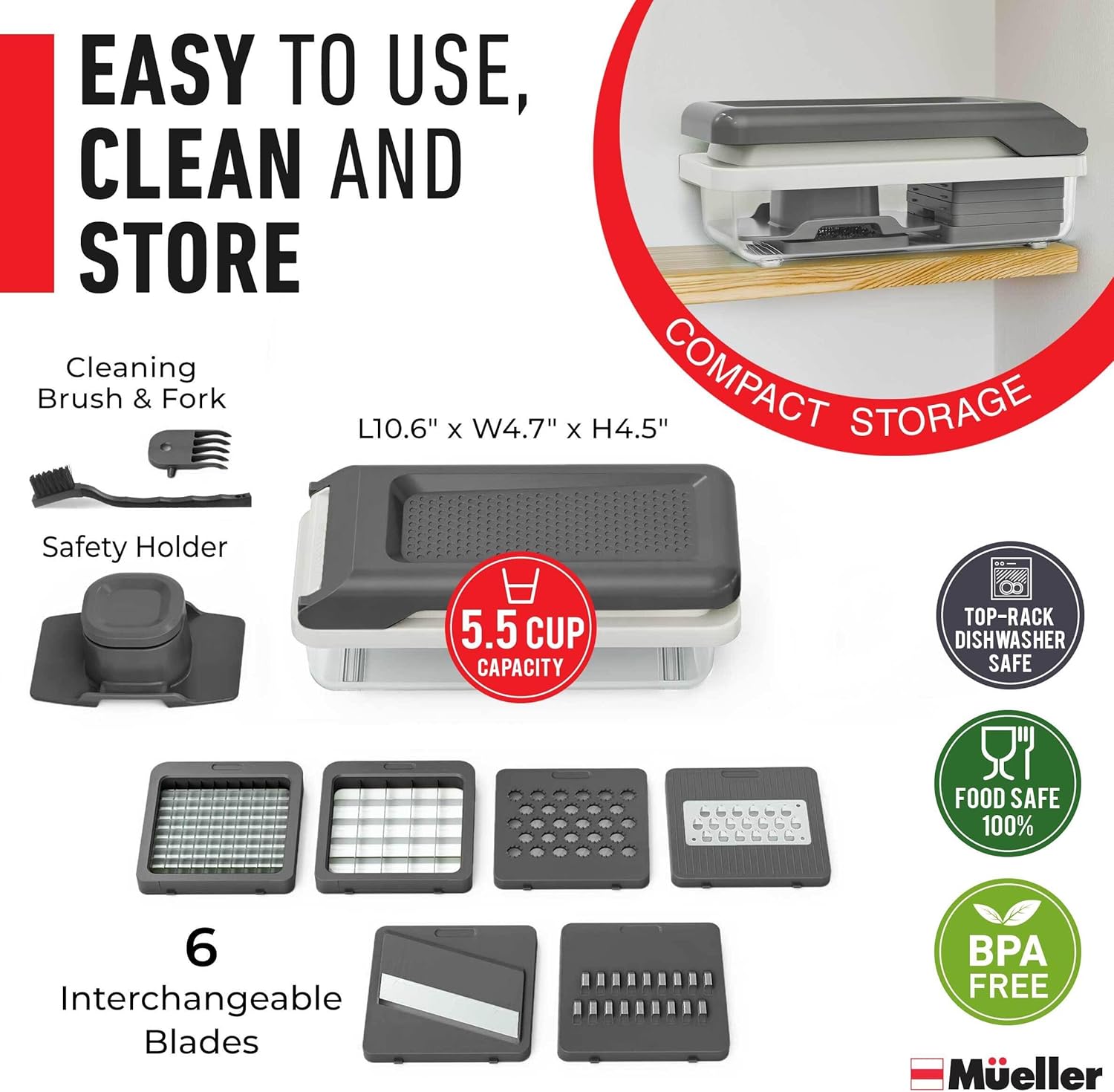 Mueller Vegetable Chopper Mandoline Slicer, Food Veggie Chopper, Cheese Grater, Onion Vegetable Cutter with Container, Dicer, Kitchen Gadgets & Essentials, White Sand/Grey - Image 3