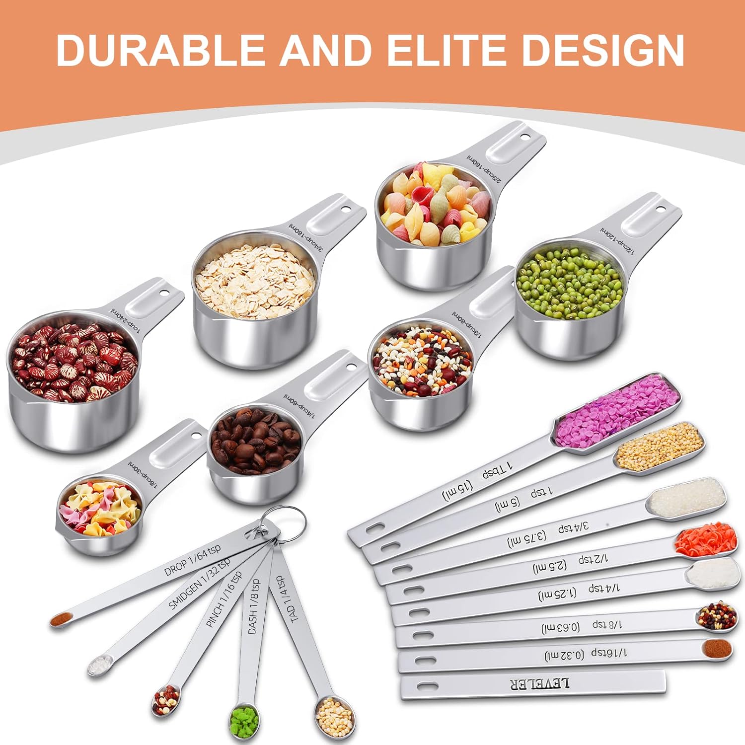 Measuring Cups and Spoons Set of 20, 7 Stainless Steel Nesting Measuring Cups & 7 Spoons, 1 + Leveler & 5 Mini Measuring Spoons for Cooking & Baking - Image 3