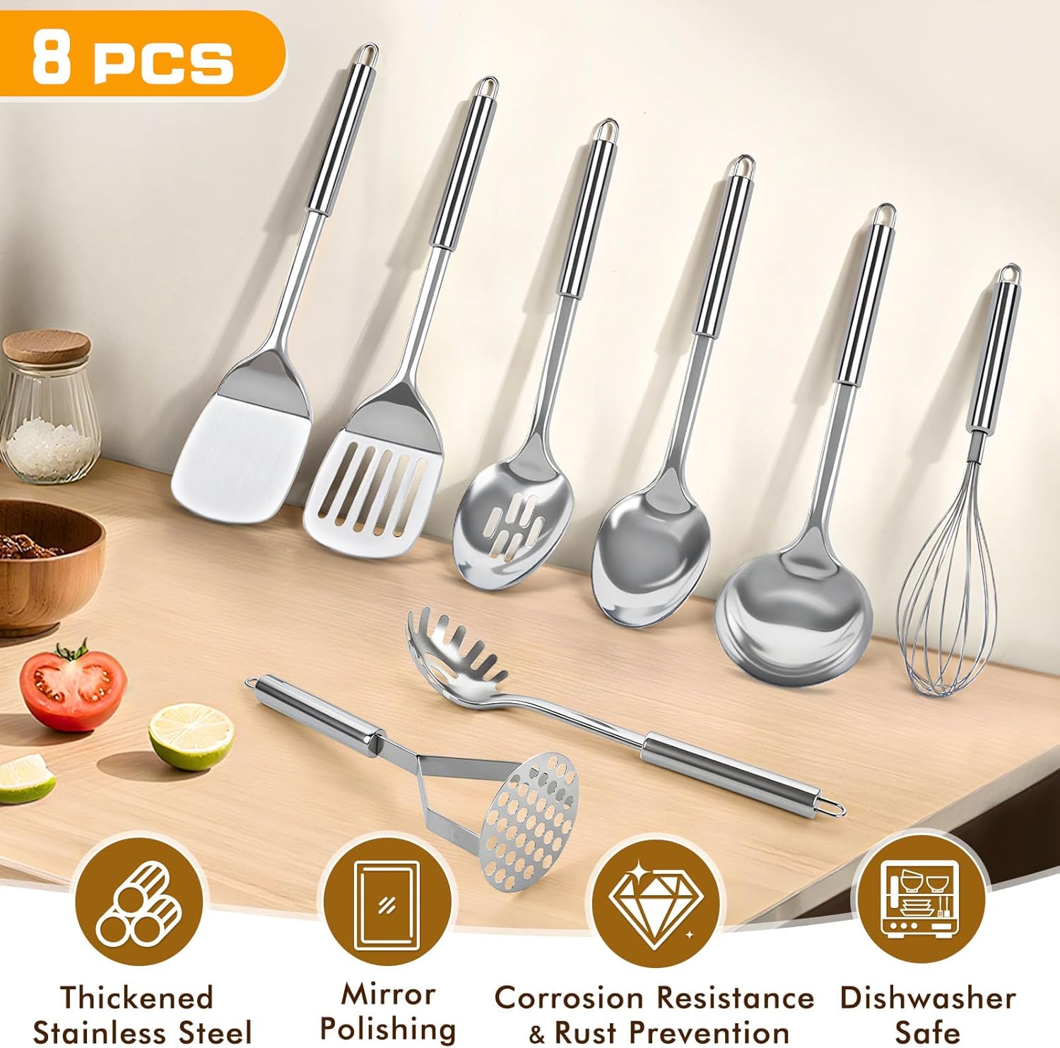 8 Pcs Cooking Utensils Set, Stainless Steel Kitchen Utensils, Heat Resistant Metal Kitchen Tools Include Solid & Slotted Spatula, Serving Spoon, Ladle, Pasta Server,Potato Maseher, Egg Whisk, Silver - Image 3