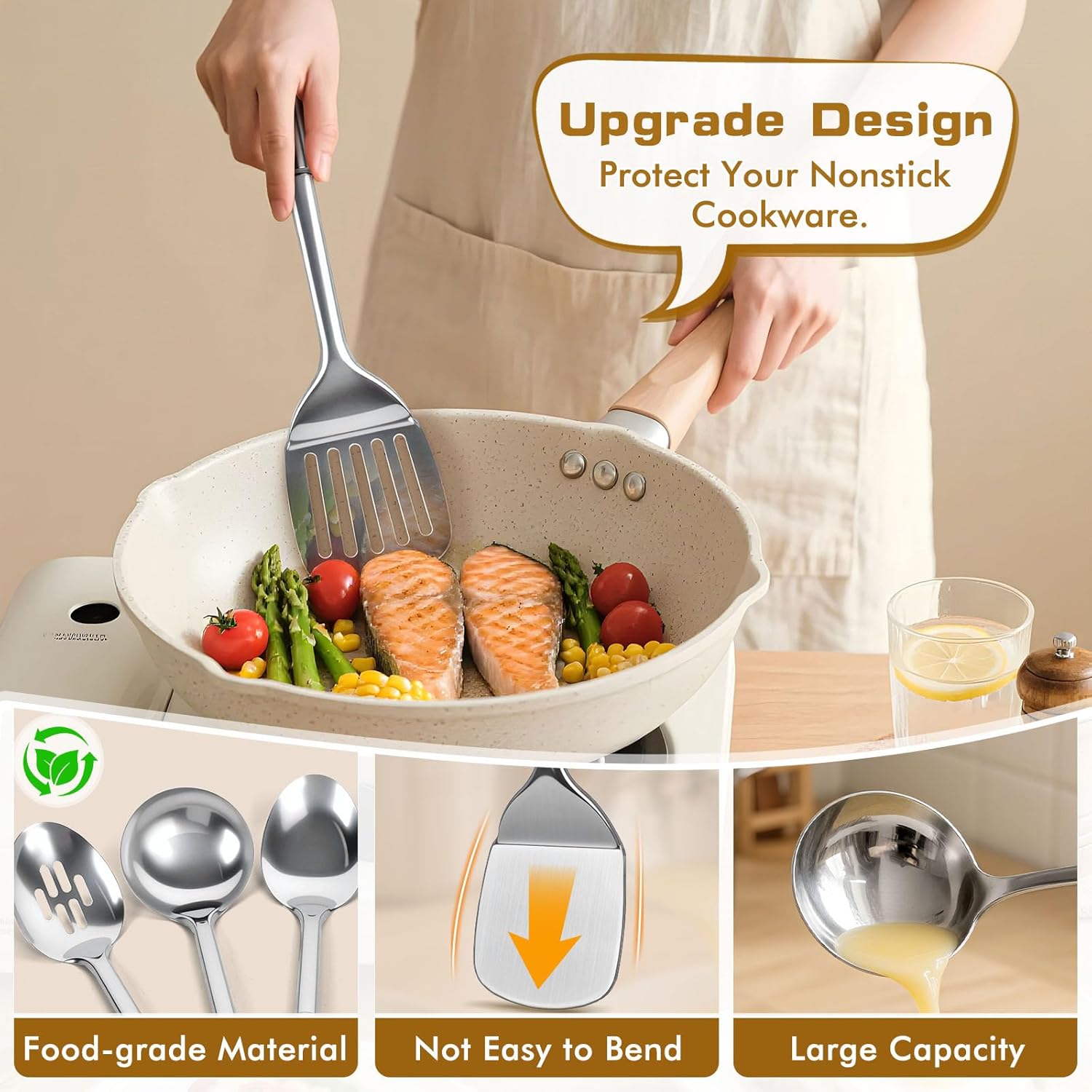 8 Pcs Cooking Utensils Set, Stainless Steel Kitchen Utensils, Heat Resistant Metal Kitchen Tools Include Solid & Slotted Spatula, Serving Spoon, Ladle, Pasta Server,Potato Maseher, Egg Whisk, Silver - Image 4