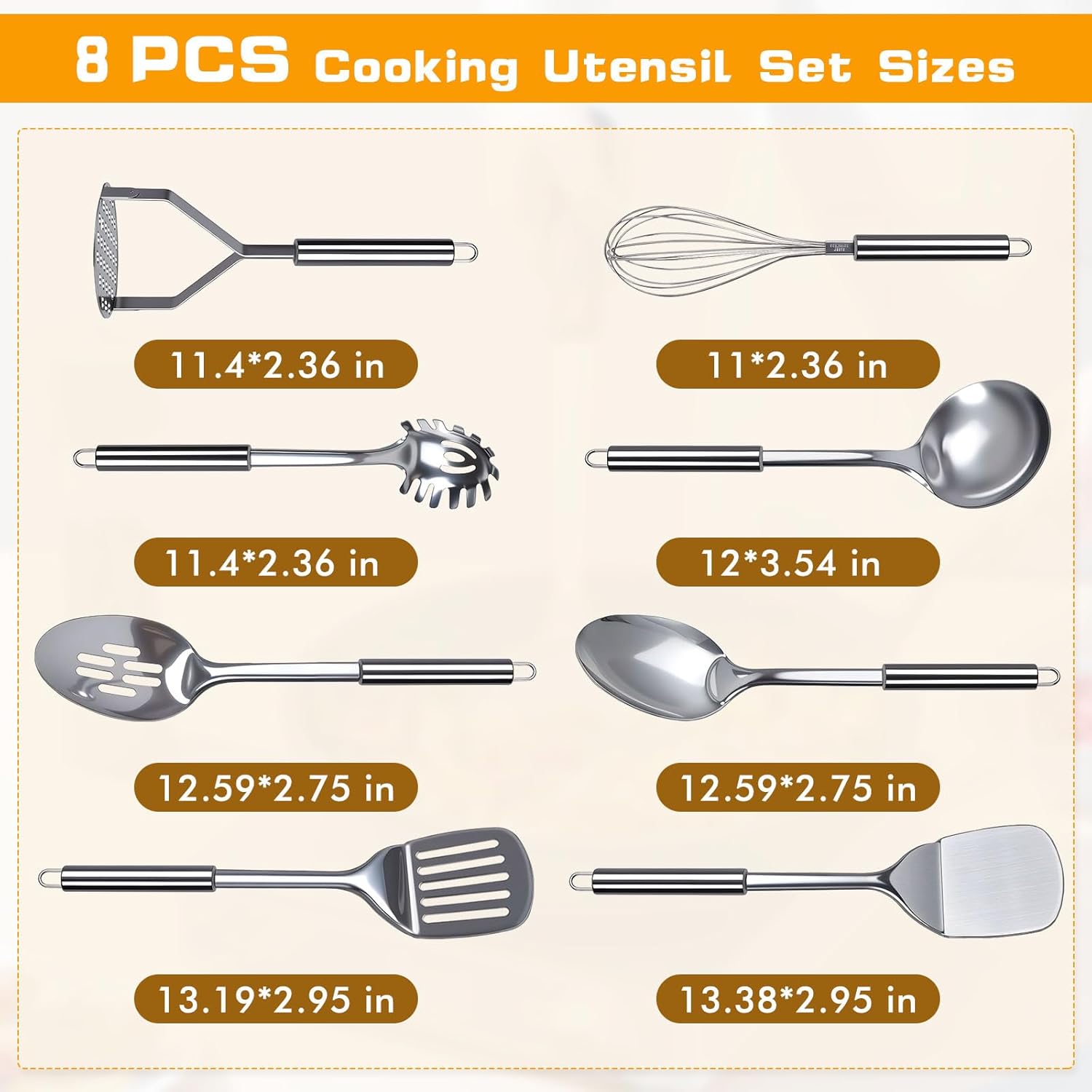 8 Pcs Cooking Utensils Set, Stainless Steel Kitchen Utensils, Heat Resistant Metal Kitchen Tools Include Solid & Slotted Spatula, Serving Spoon, Ladle, Pasta Server,Potato Maseher, Egg Whisk, Silver - Image 6