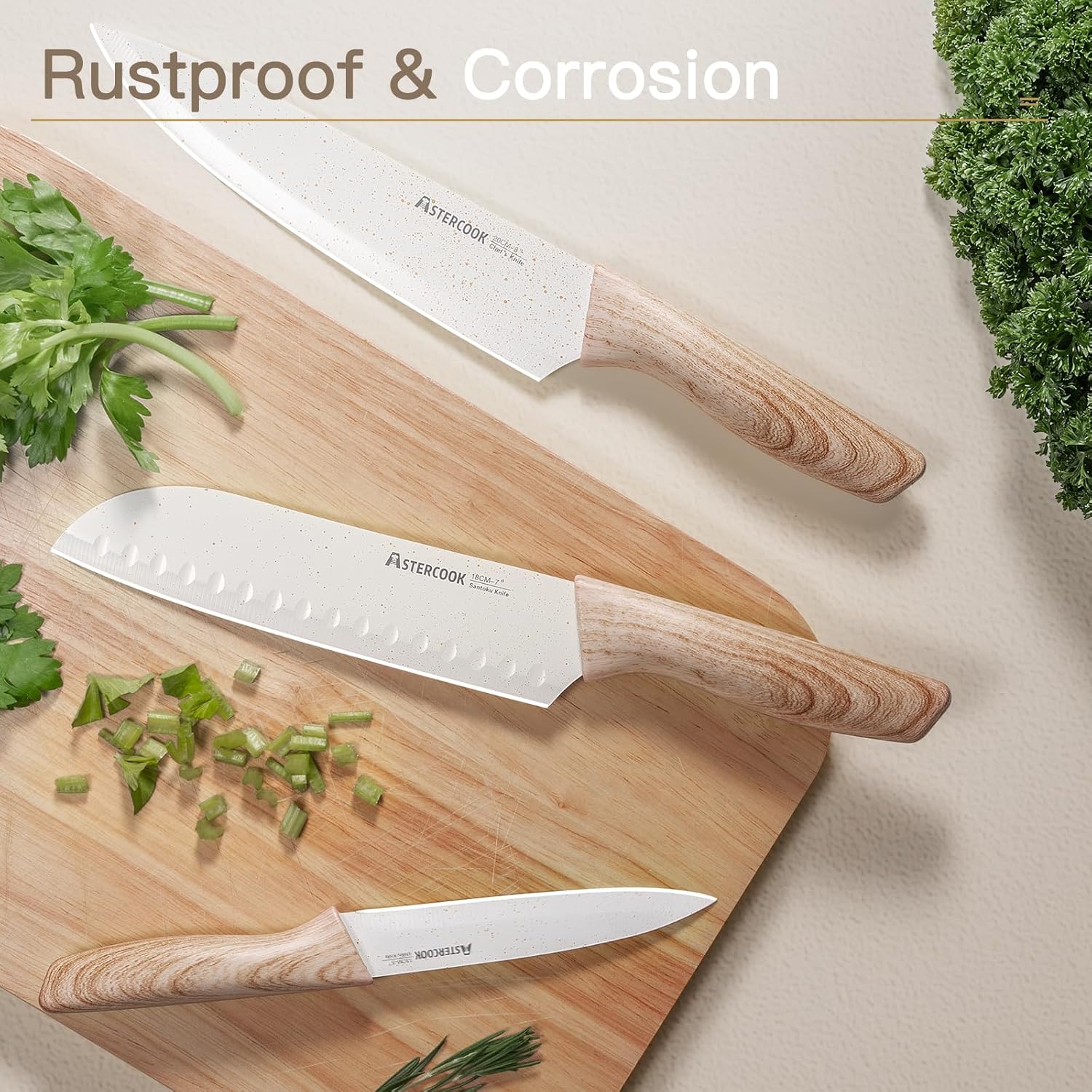 Astercook Knife Set, 13 Pieces Kitchen Knives Set with Ceramic Coating, Stainless Steel Chef Knife Sets with 6 Blade Guards, Dishwasher Safe Sashimi Knives For Fish with Wooden Handle, White - Image 4