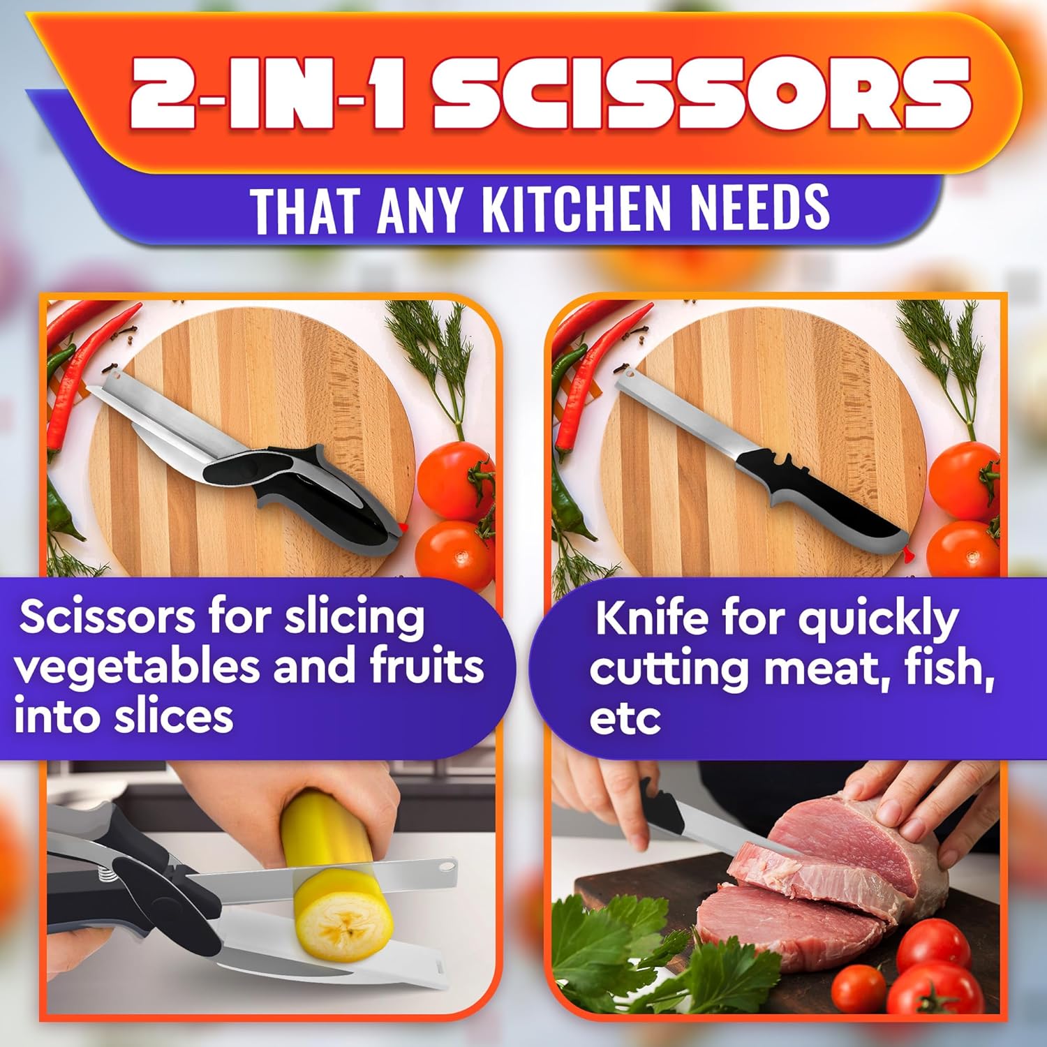 2 in 1 Kitchen Scissors for Food - Stainless Steel Cutting Board Scissors with Safety Lock | 9.6" Tomato Knife, Fruit & Vegetable Cutter - Easy-to-Use Kitchen Shears for Meat, Cheese and More - Image 3
