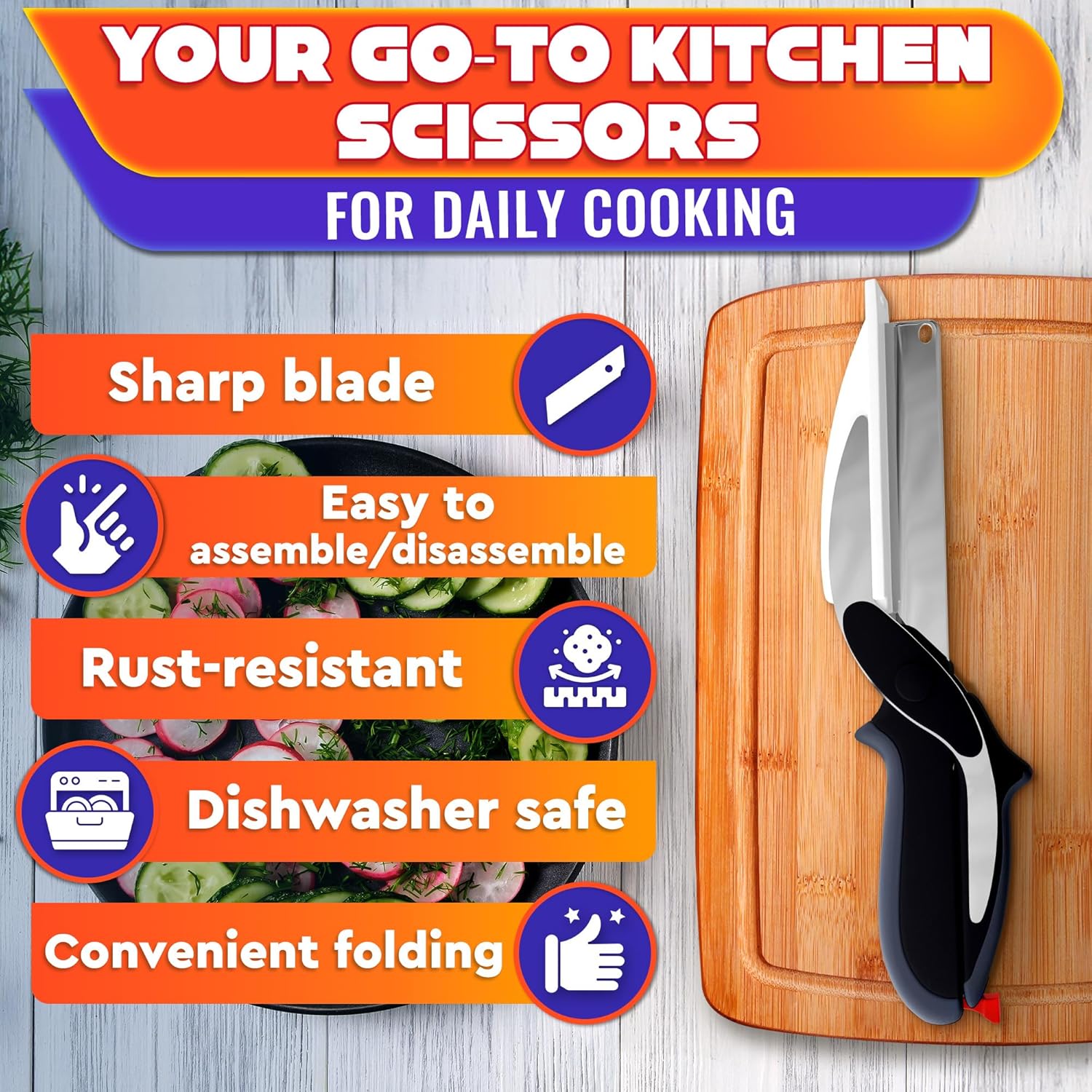 2 in 1 Kitchen Scissors for Food - Stainless Steel Cutting Board Scissors with Safety Lock | 9.6" Tomato Knife, Fruit & Vegetable Cutter - Easy-to-Use Kitchen Shears for Meat, Cheese and More - Image 5