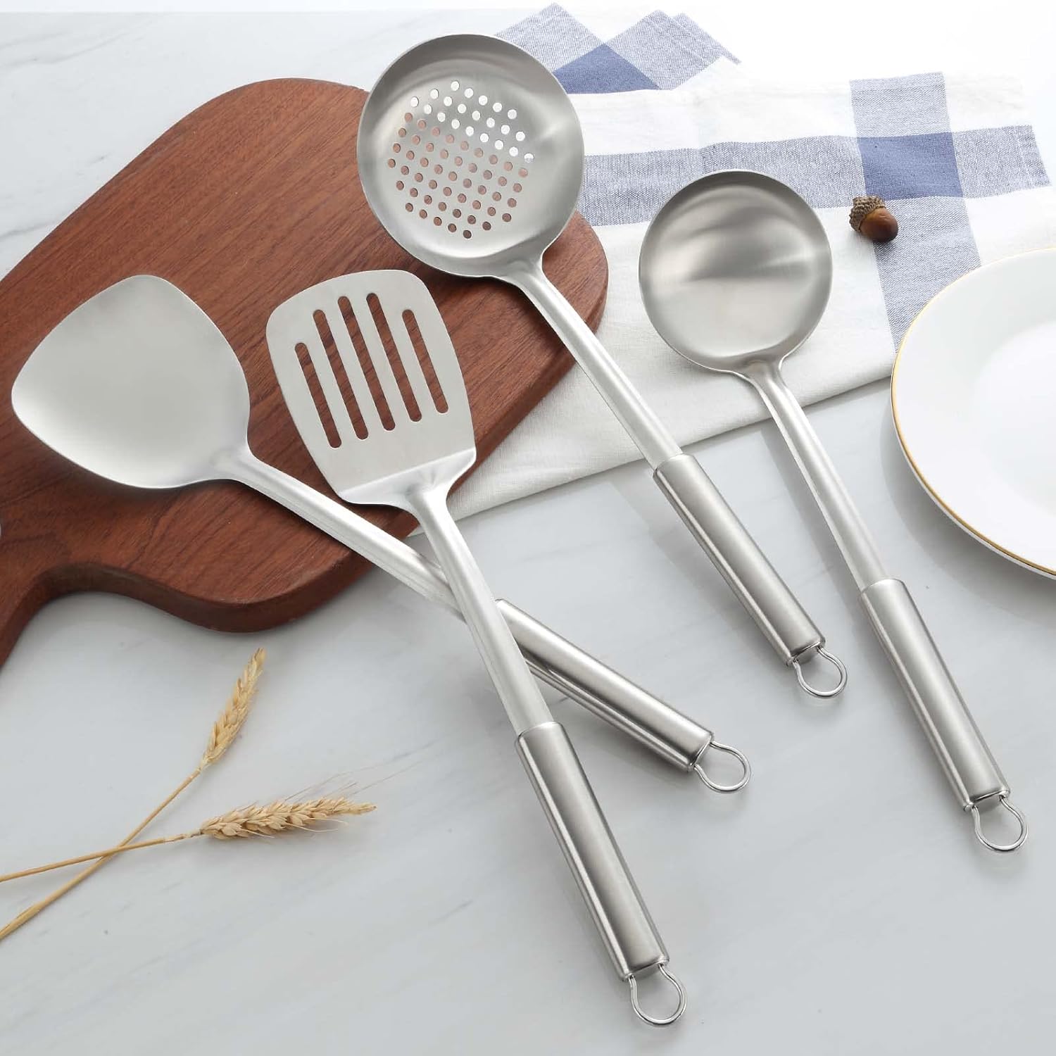 Pleafind 4-Pcs Cooking Utensils Set, Stainless Steel Kitchen Utensils, Wok Utensils Set Include Wok Ladle, Slotted Spoon, Wok Spatula and Slotted Spatula, Dishwasher Safe - Image 4