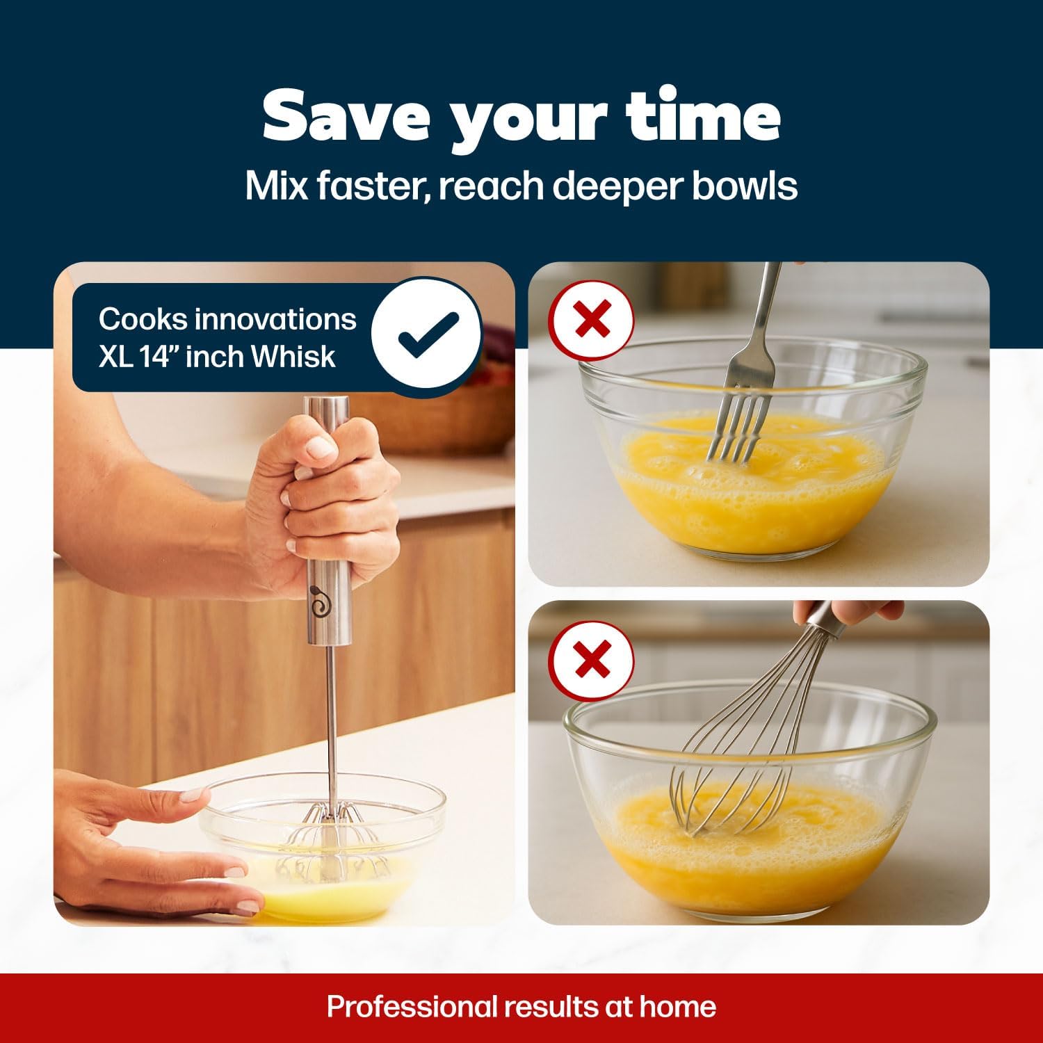 14 Inch Stainless Steel Hand Whisk - Durable & Easy to Use Push-Down Zip Whisker - Rotary Hand Mixer for Beating Eggs, Frothing Milk, Blending, Mixing, Whipping Smoothies & Shakes - Kitchen Tools - Image 4