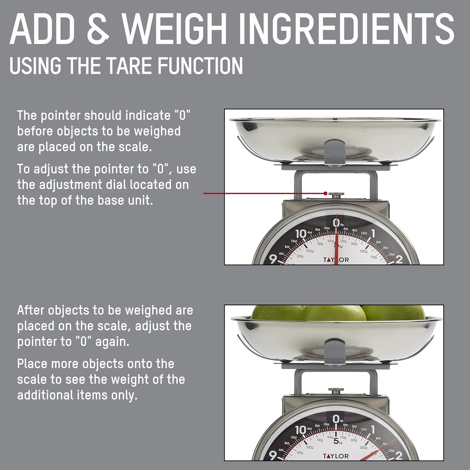 Taylor Mechanical Kitchen Food Scale with Bowl, Weighs Up to 11lbs, Measures in Grams and Ounces, Analog Cooking Scale for Baking, Black and Silver - Image 4