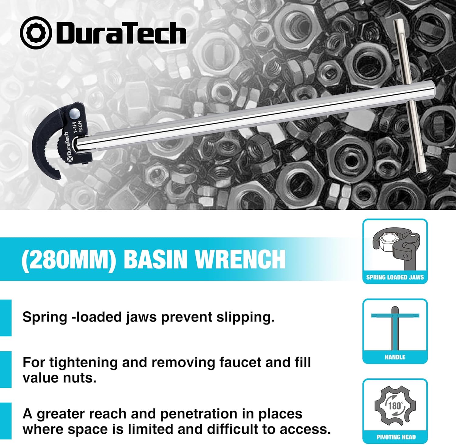DURATECH 11" Basin Wrench, Sink Wrench, Adjustable Tap Nut Spanner Basin Spanner, Capacity of 3/8" to 1-1/4" for Fixing Back and Union Nuts Under Sink - Image 3