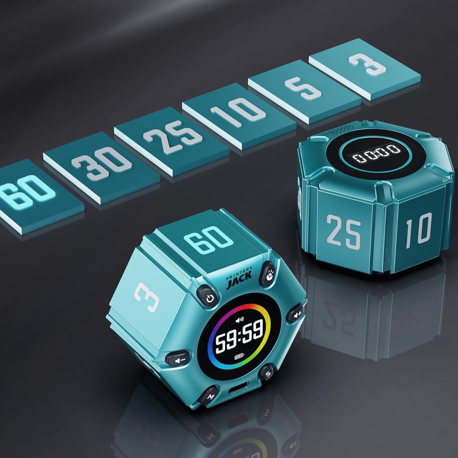 Pomodoro Timer, Magnetic Visual Timer with Flip Countdown, Silent & Alarm, Tools for Anyone, Cube Digital Timer for for Work, Kitchen Cooking, Study, 3/5/10/25/30/60min & Custom Countdown - Turquoise - Image 3