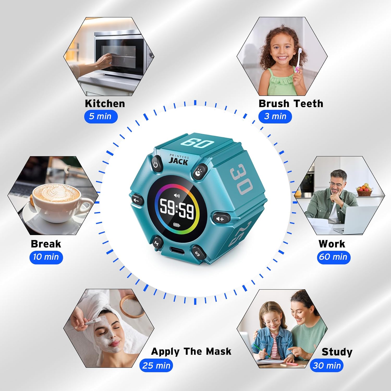 Pomodoro Timer, Magnetic Visual Timer with Flip Countdown, Silent & Alarm, Tools for Anyone, Cube Digital Timer for for Work, Kitchen Cooking, Study, 3/5/10/25/30/60min & Custom Countdown - Turquoise - Image 4