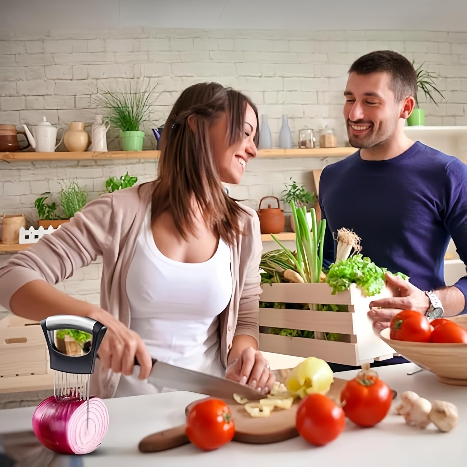 Stainless Steel Onion Slice Holder, Vegetable Slicer Cutter, Kitchen Gadgets Chopper Slicing Tool, Onion Cutter for Slicing of Onions, Tomatoes, Pears, Eggs and Other Vegetables, Kitchen Tools - Image 5