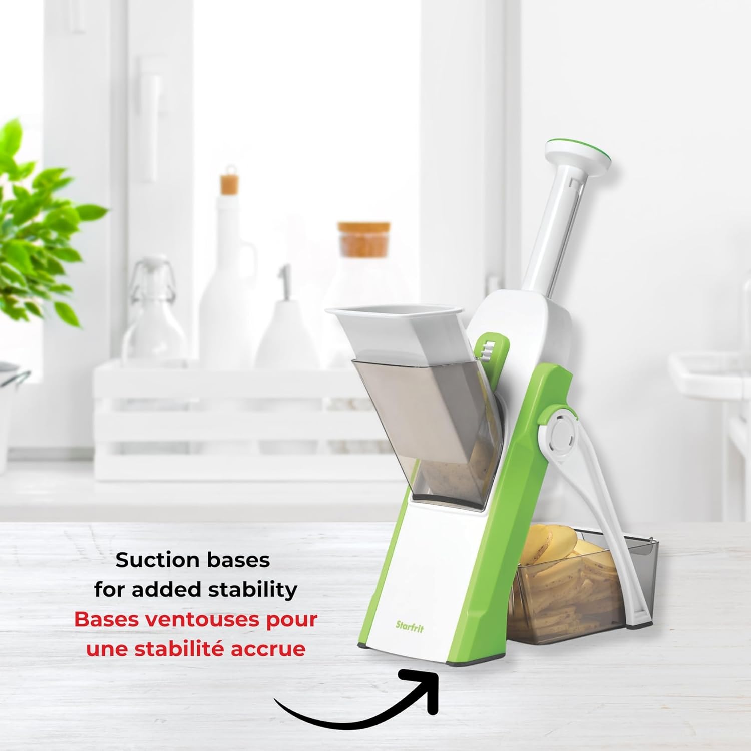 Starfrit Pump'n'Slice - Vertical Mandoline, Food Chopper, Slicer - Precision Adjustable Slicing, Julienne, Dicing - Safe Enclosed Blades, Fold for Storage - High Efficiency Spring Pump - Cleaning Tool - Image 6
