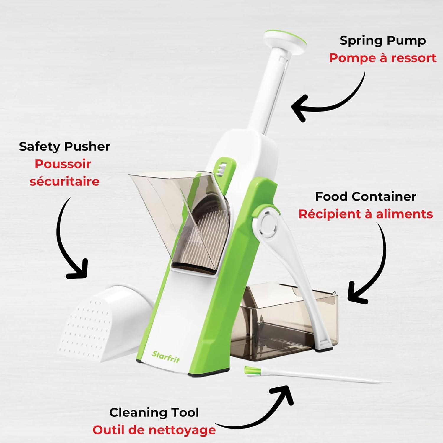Starfrit Pump'n'Slice - Vertical Mandoline, Food Chopper, Slicer - Precision Adjustable Slicing, Julienne, Dicing - Safe Enclosed Blades, Fold for Storage - High Efficiency Spring Pump - Cleaning Tool - Image 9