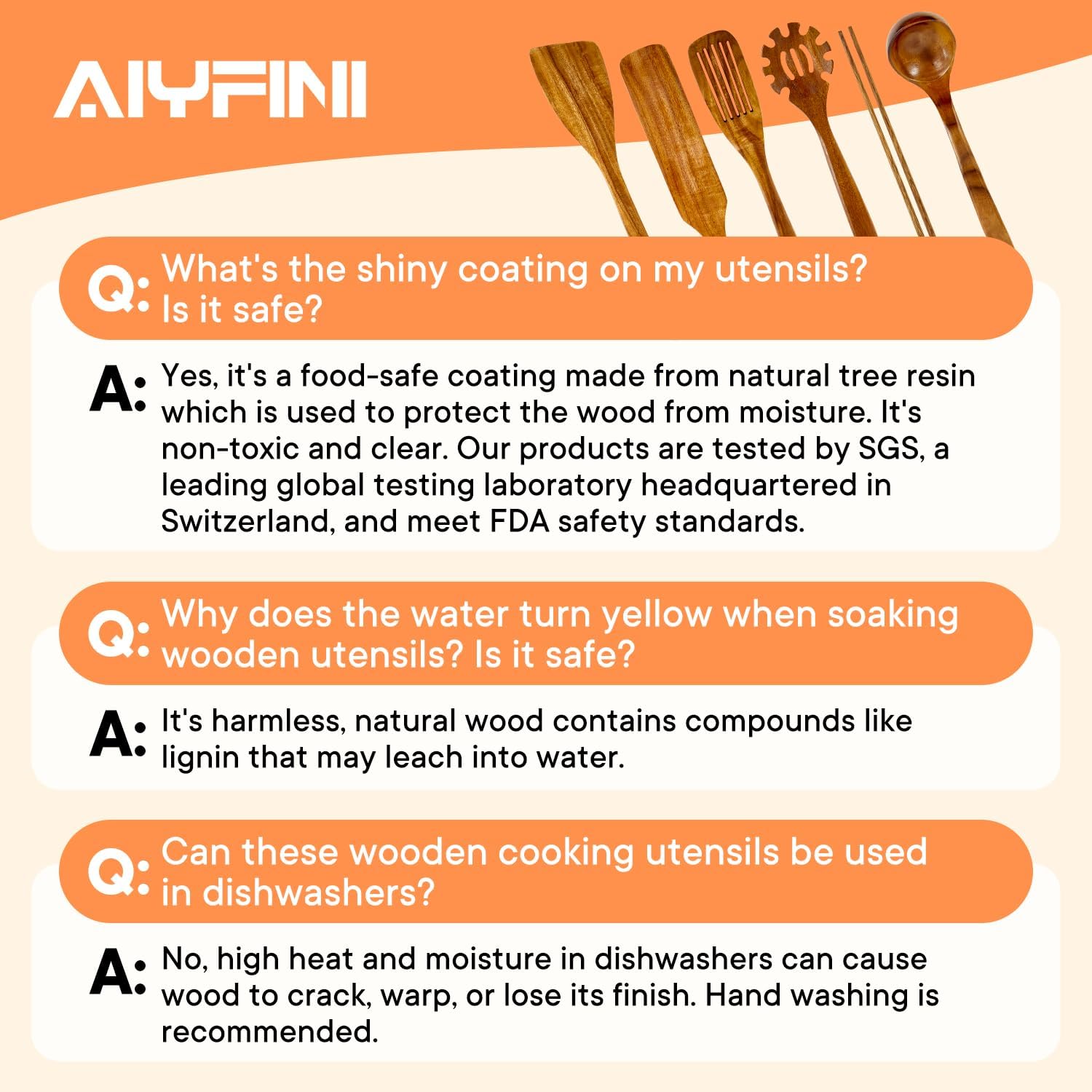 Non-Toxic Wooden Utensils for Cooking - Natural Acacia & Glue-Free,15.4" Large Spatula Set, Long Handle for Scald-Resistant, Wood Kitchen Spoons/Chopsticks/Holder, for Non Stick Frying Pans by ALYFINI - Image 3