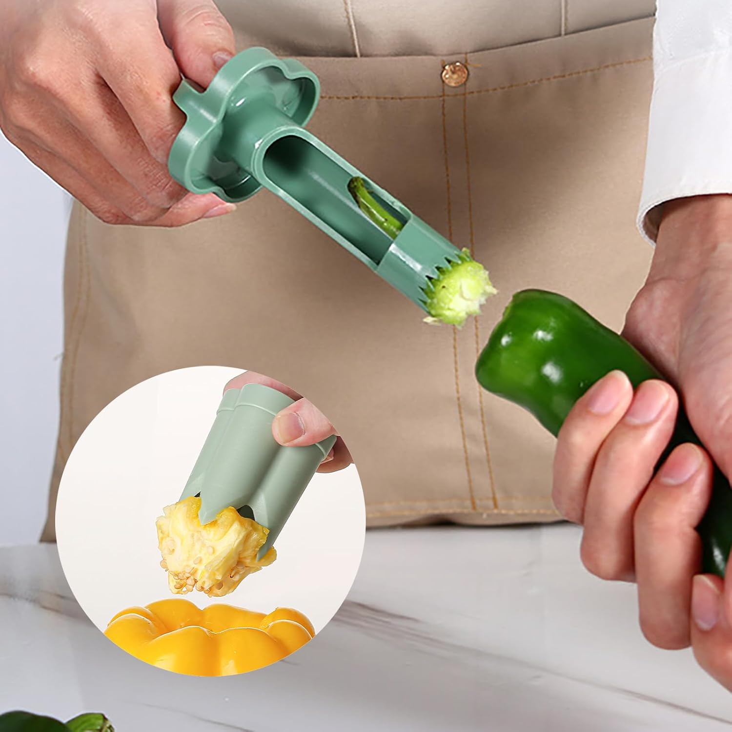 Pepper Seed Corer Remover, 2025 Upgraded 2-in-1 Bell Pepper Cutter & Deseeder, Fruit & Vegetable Corer, Effortless Kitchen Tool for Fast, Efficient Meal Prep with Fruit & Vegetable Coring (1, Beige) - Image 3