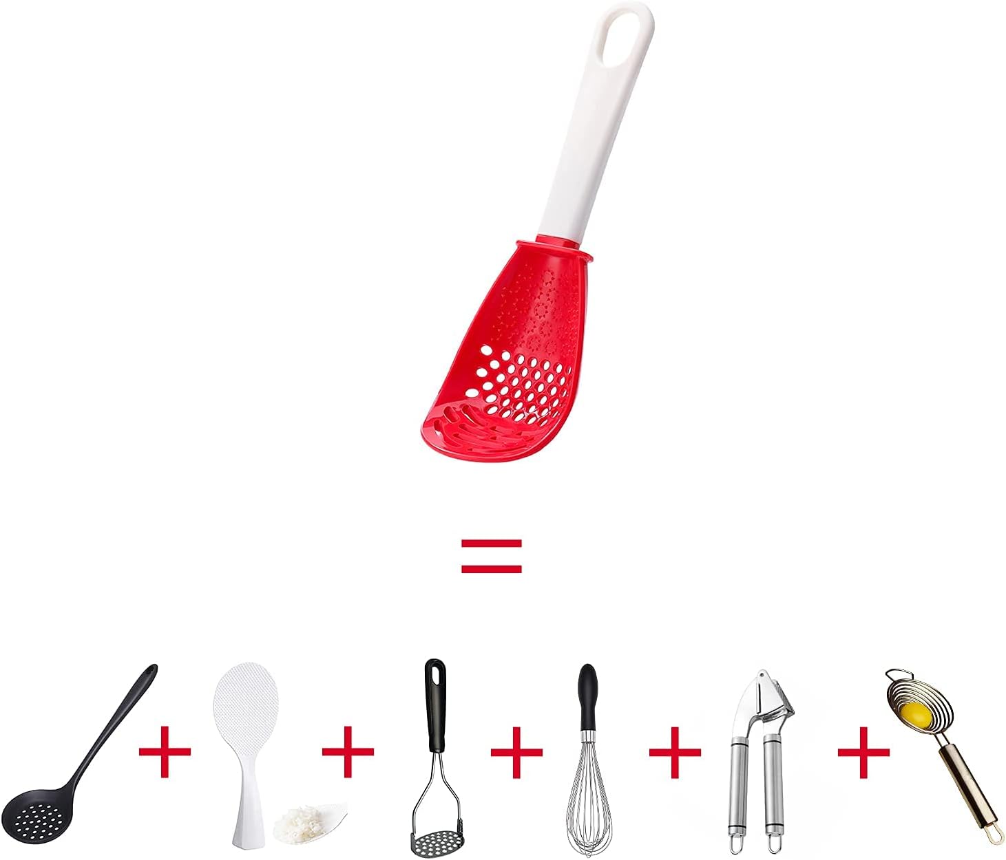 6 in 1 Multifunctional cooking gadgets, 356°F Heat Resistant kitchen gadgets, Egg Separator, Cooking, Draining, Mashing, Grating, Cooking spoon red - Image 5