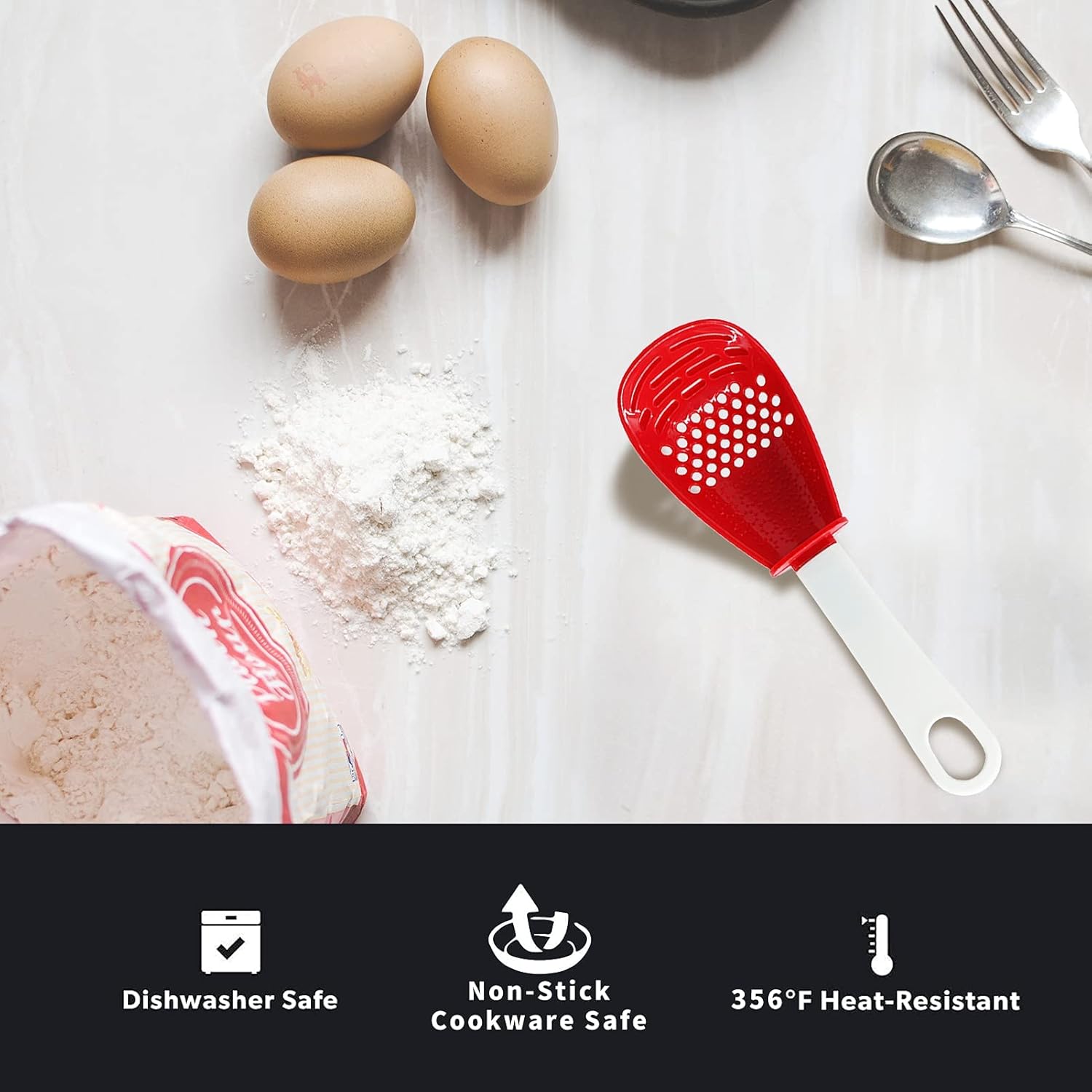 6 in 1 Multifunctional cooking gadgets, 356°F Heat Resistant kitchen gadgets, Egg Separator, Cooking, Draining, Mashing, Grating, Cooking spoon red - Image 6