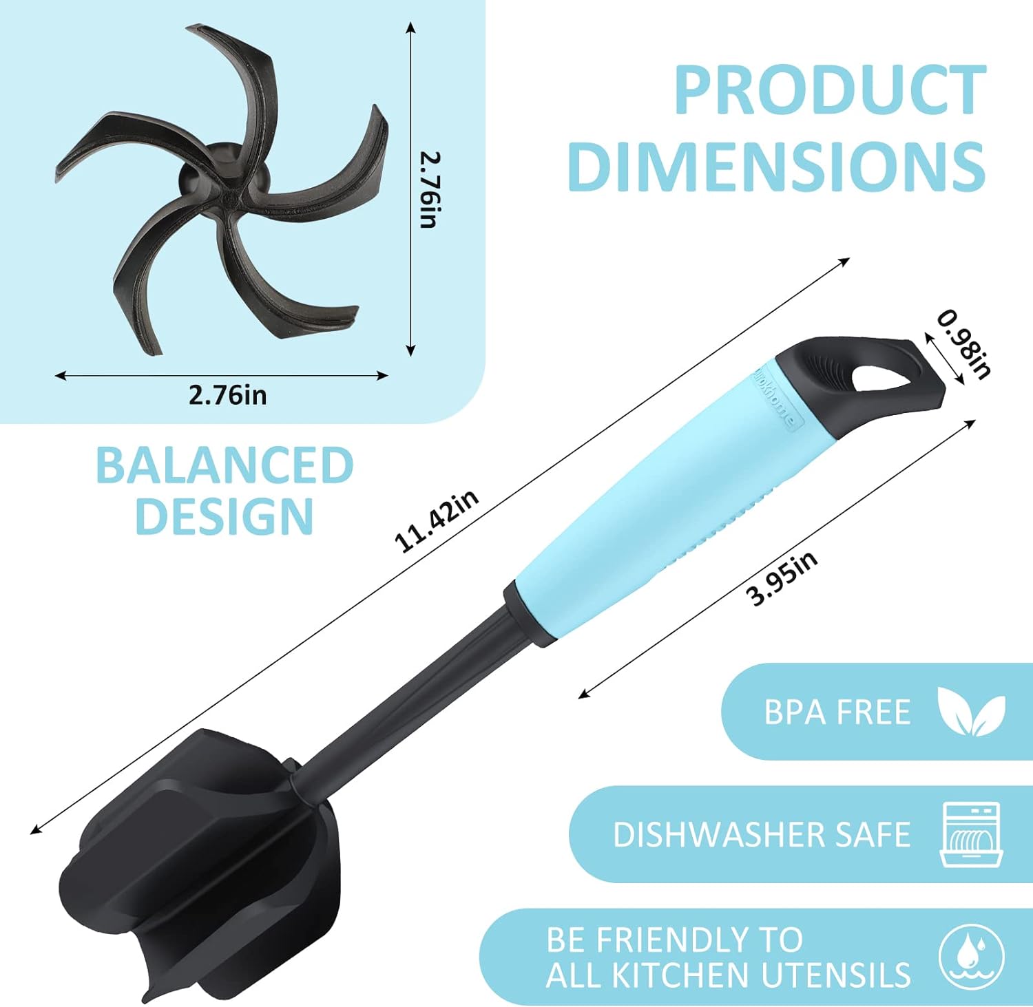 Ourokhome Upgrade Meat Chopper and Potato Masher, Heat Resistant Ground Meat Smasher for Hamburger, 5 Curved Blades Ground Beef Smasher, Nylon Non Stick Mixer, Stirrer and Kitchen Gadgets, Teal - Image 4