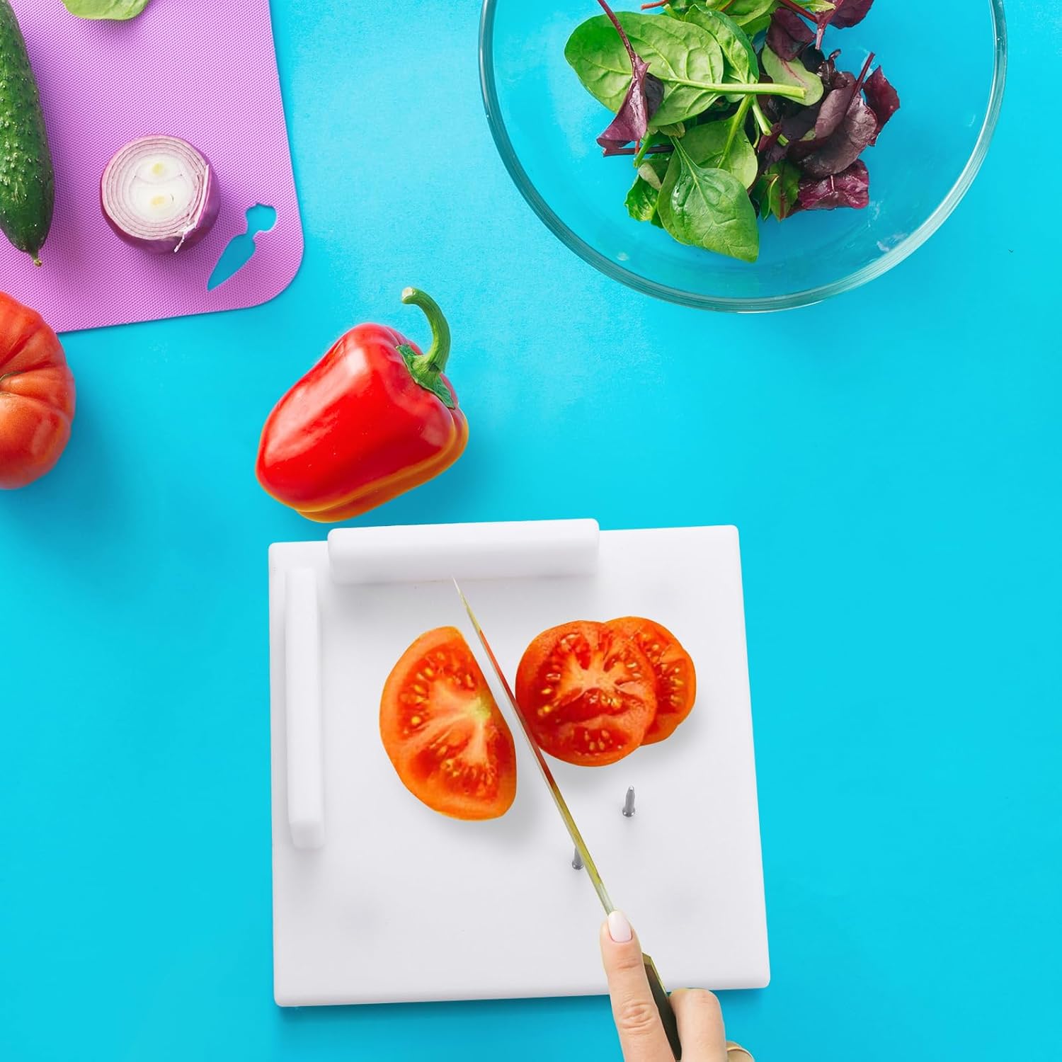 Single One Handed Cutting Board 8" x 8" Plastic Adaptive Cutting Board with Aluminum Nails for Peeling Slicing, Suction Feet for Sticking to Counter, Corner Guards Prevent Food Sliding - Image 5