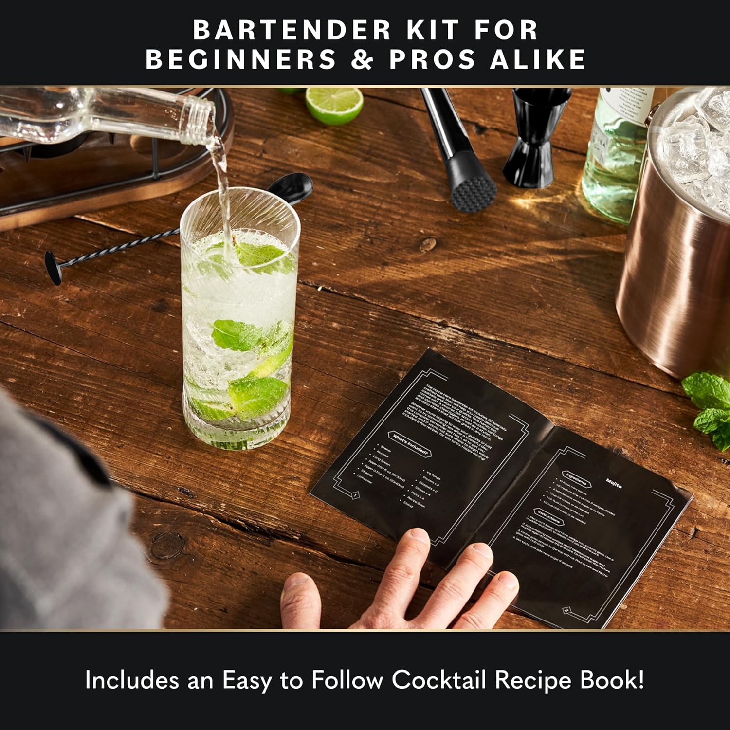 Home Hero Elegant Bartender Kit with Wooden Stand, Premium Bar Set & Cocktail Shaker, Gift for Home Bar and Cocktail Enthusiasts, Essential Bar Accessories with Recipe Book (22 Pcs - Black) - Image 4