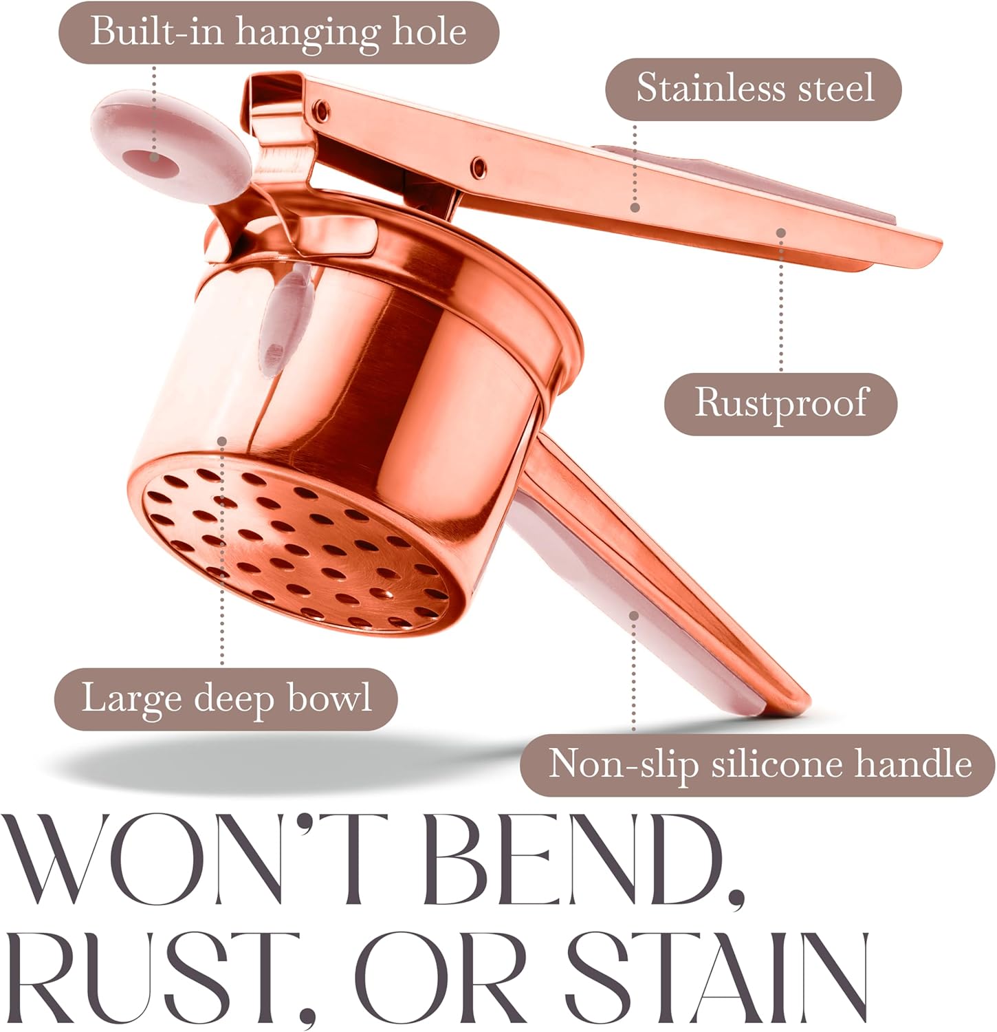 Bellemain 15 oz Large Potato Ricer | Heavy-Duty Stainless Steel Potato Ricer & Masher | Perfect for Mashed Potatoes | Ricer Kitchen Tool with Fixed Disc (Rose Gold Pink) - Image 3