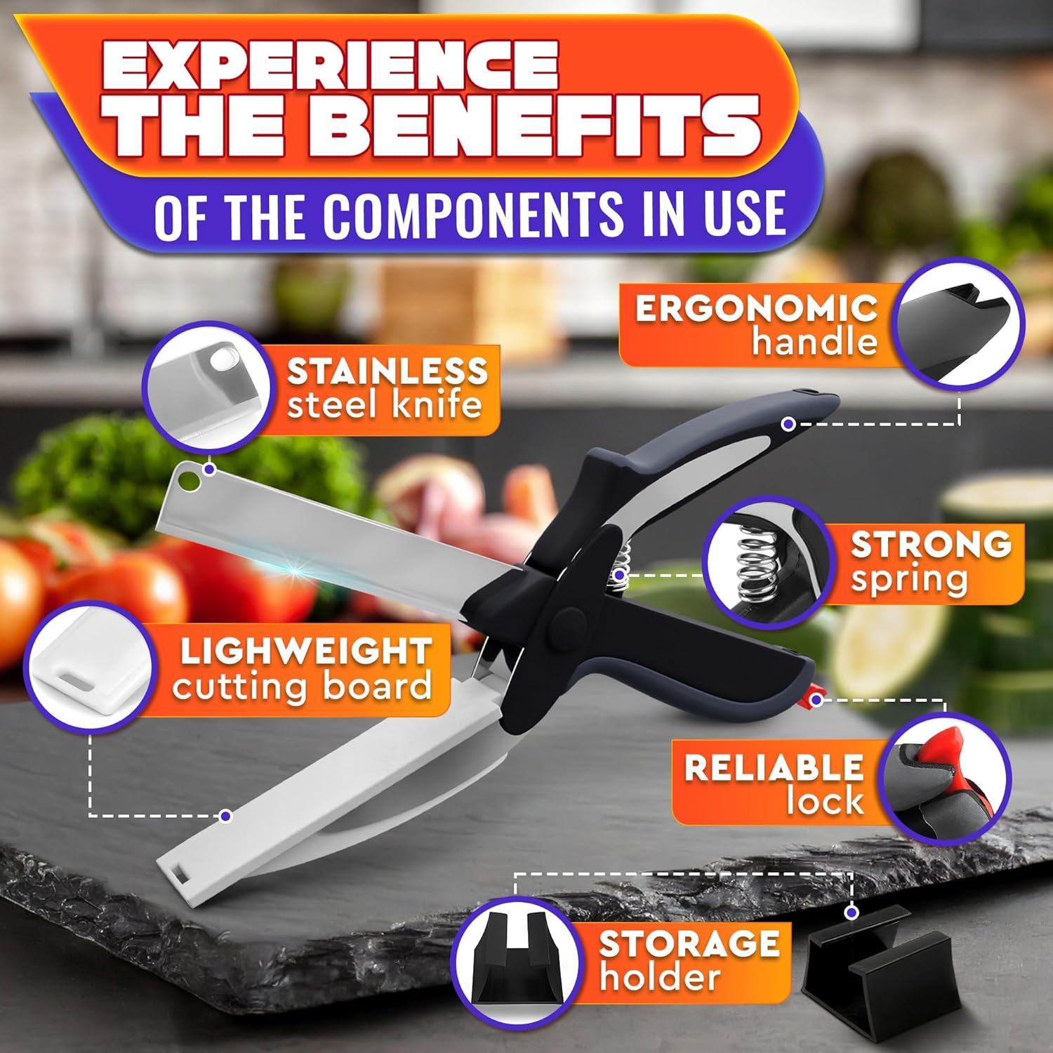 2 in 1 Kitchen Scissors for Food - Stainless Steel Cutting Board Scissors with Safety Lock | 9.6" Tomato Knife, Fruit & Vegetable Cutter - Easy-to-Use Kitchen Shears for Meat, Cheese and More - Image 2