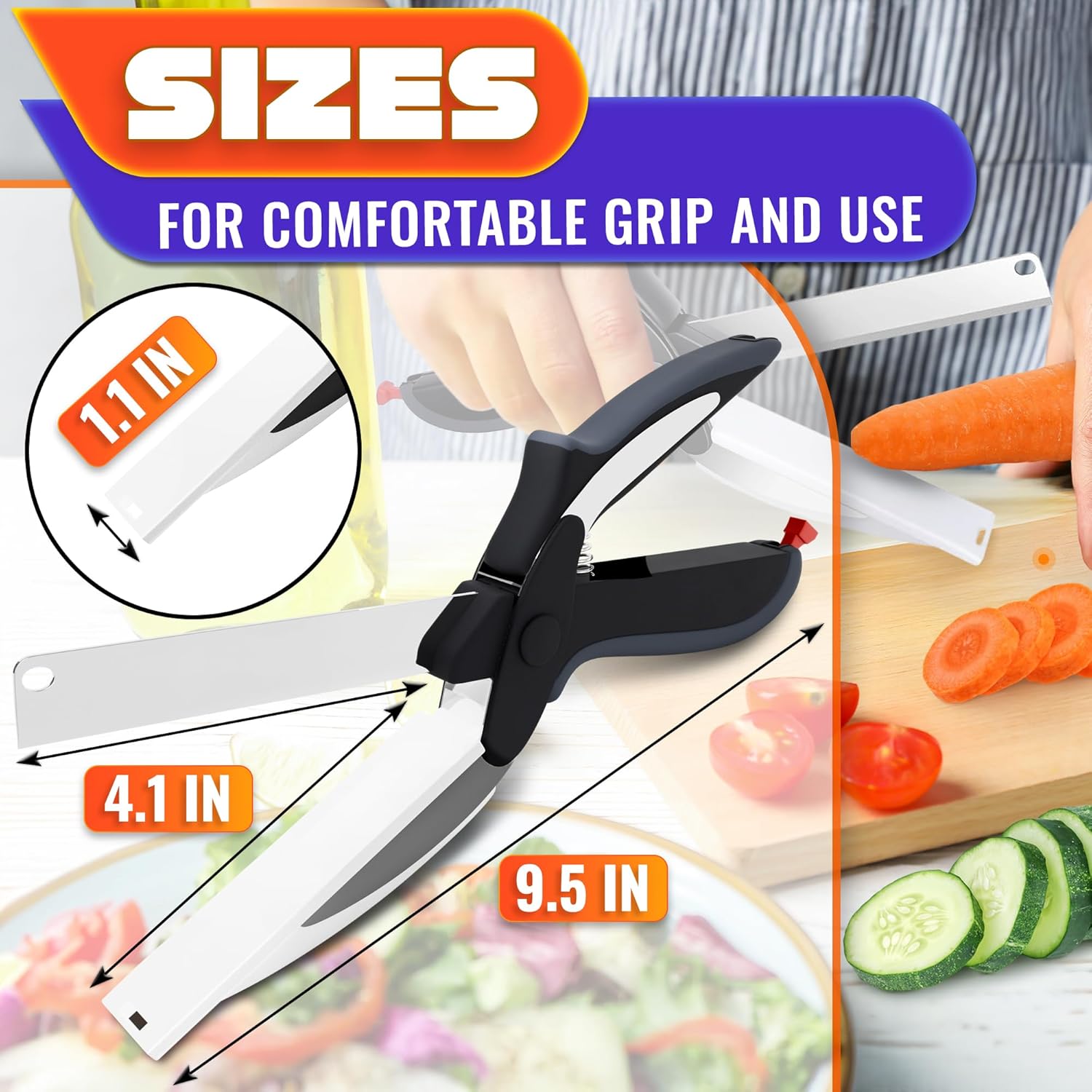 2 in 1 Kitchen Scissors for Food - Stainless Steel Cutting Board Scissors with Safety Lock | 9.6" Tomato Knife, Fruit & Vegetable Cutter - Easy-to-Use Kitchen Shears for Meat, Cheese and More