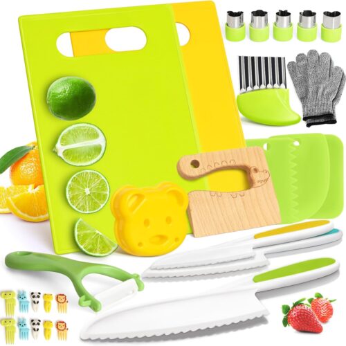 28PCS Toddler Knife Set – Kids Knifes for Real Cooking, Montessori Kids Kitchen Knife Set with Cutting Board Crinkle Cutters Kid Safe Knives, Toddlers Kitchen Tools for Age 2-10 Year Old Girl Boy