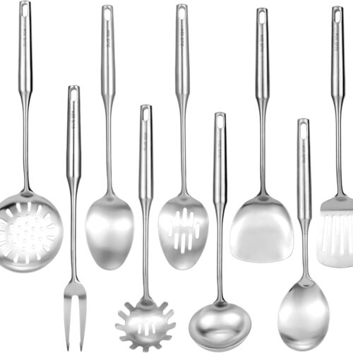 304 18/10 Stainless Steel Kitchen Utensils Set 9 Pcs Long Cooking Utensil, Spatula, Soup spoon, Leaking shovel, Ladle, Tunner, Pasta Server, Meat Fork Kitchen Tools Set (9 Pieces Set)