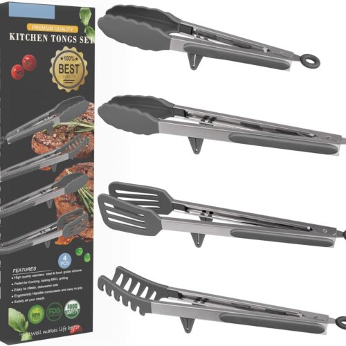 4in1 Stainless Steel Kitchen Food Tongs Set for Cooking with Silicone Tips, Toaster Steak Pie Pizza Pasta Spaghetti Noodles Salad Fruit Vegetable Grill BBQ Buffet Clamp Serving Tools Gadgets