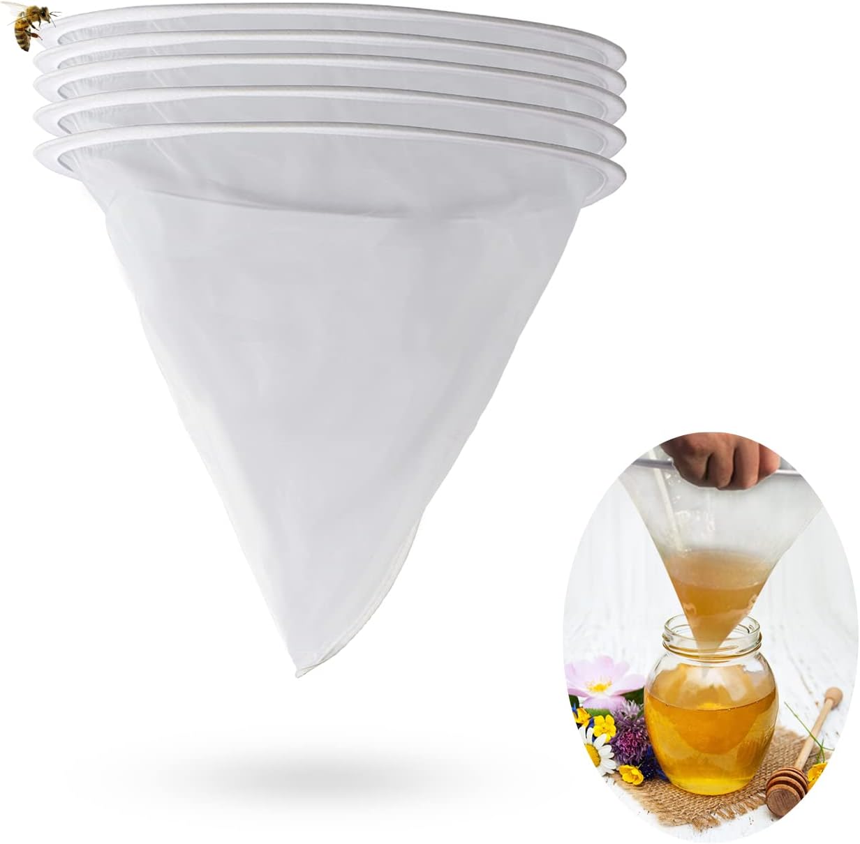 5pcs Bee Honey Filter Bag Mesh Ultra-fine Mesh Strainer Kitchen Nylon Mesh Filter 5 Gal Bucket Filter Honey Filter Bags Apiary Equipment Extraction Tool Suitable For Honey Wine Wax Beer Nut Milk