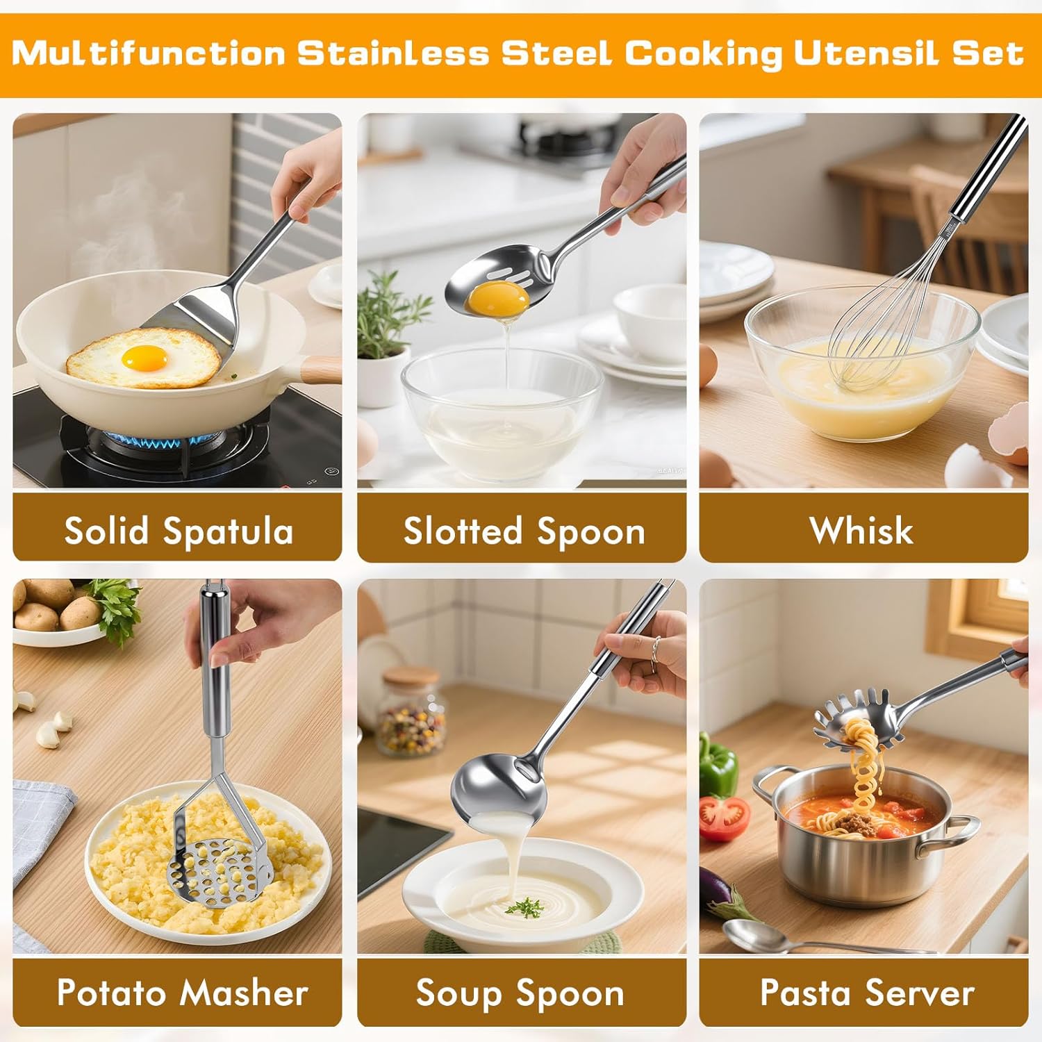 8 Pcs Cooking Utensils Set, Stainless Steel Kitchen Utensils, Heat Resistant Metal Kitchen Tools Include Solid & Slotted Spatula, Serving Spoon, Ladle, Pasta Server,Potato Maseher, Egg Whisk, Silver - Image 2