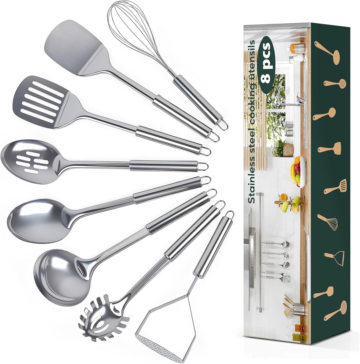8 Pcs Cooking Utensils Set, Stainless Steel Kitchen Utensils, Heat Resistant Metal Kitchen Tools Include Solid & Slotted Spatula, Serving Spoon, Ladle, Pasta Server,Potato Maseher, Egg Whisk, Silver