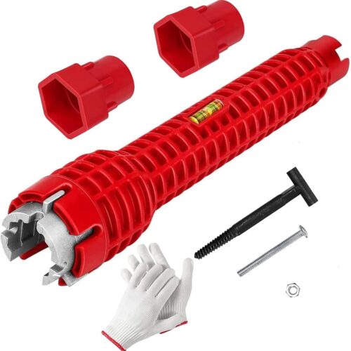 8 in 1Sink Faucet Installer, Multifunction Faucet Wrench Plumbing Installation Tool Used for Toilet Bathroom Kitchen Installation Removal of Various Pipes Feet Includes Gloves(Red)