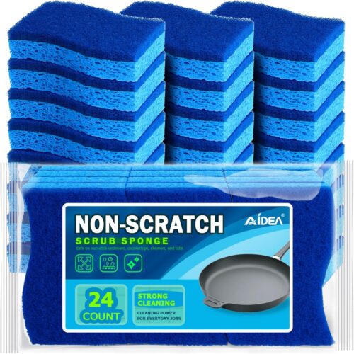 AIDEA Non Scratch Scrub Sponge, 24Count, Sponges for Dishes, Sponges Kitchen, Cleaning Sponge, Cleans Fast Without Scratching, Stands Up to Stuck-on Grime, Cleaning Power for Everyday Jobs