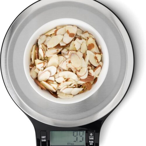 Amazon Basics Digital Kitchen Scale with LCD Display, Batteries Included, Weighs up to 11 pounds, Black and Stainless Steel