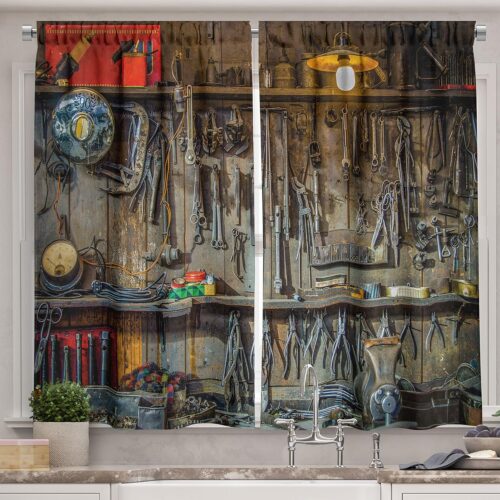 Ambesonne Man Cave Long Kitchen Curtains, Vintage Style Tools Hanging on The Wall in a Tool Shed Workshop Fixing Equipment, Two Panels Drapes with Rod Pocket Room Decor, 55″ X 45″, Soft Brown