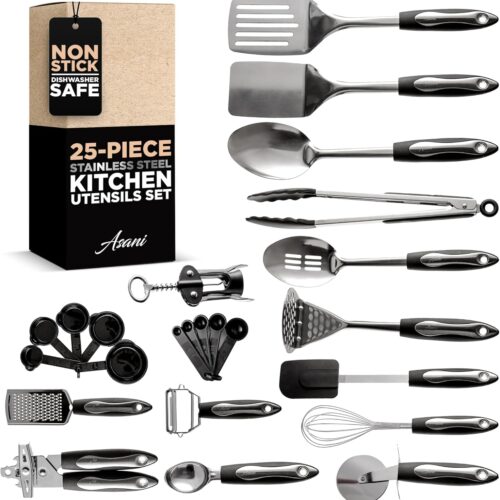 Asani 25-Piece Stainless Steel Kitchen Utensil Set | Non-Stick Cooking Gadgets and Tools Kit | Durable Dishwasher-Safe Cookware Set | Kitchenware Gift Idea, Best New Apartment Essentials