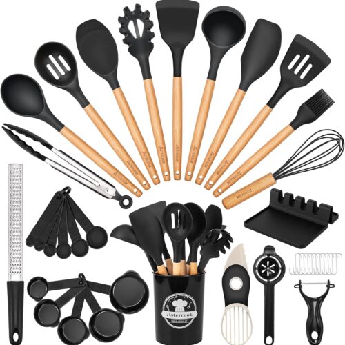 Astercook Kitchen Utensils Set, 39 PCS Silicone Cooking Utensils Set with Wooden Handle, 446°F Heat Resistant Food Grade Utensil Sets, BPA Free Kitchen Gadgets Tools Set for Nonstick Cookware (Black)