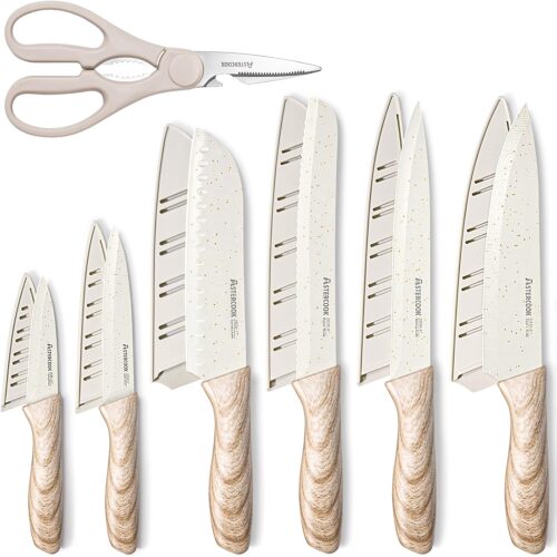 Astercook Knife Set, 13 Pieces Kitchen Knives Set with Ceramic Coating, Stainless Steel Chef Knife Sets with 6 Blade Guards, Dishwasher Safe Sashimi Knives For Fish with Wooden Handle, White