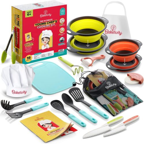 Baketivity Kids Cooking Set Real Utensils With Kitchen Tool Guide – Complete Junior Cooking Set Gift For Girls Or Boys With Mixing Bowls, Cutting Board, Knife, Apron – Kids Baking Set For Real Cooking