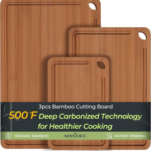 Bamboo Cutting Board, Durable Wood Cutting Boards for Kitchen with Deep Juice Grooves & Built-in Handles, Ideal Charcuterie & Chopping for Meat, Vegetables and Fruits Ideal Kitchen Gifts