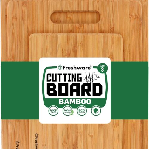 Bamboo Cutting Boards for Kitchen [Set of 3] Wood Cutting Board for Chopping Meat, Vegetables, Fruits, Cheese, Knife Friendly Serving Tray with Handles