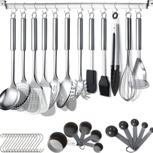 Berglander Kitchen Utensils Set 38 Pieces, Stainless Steel Cooking Utensils Set, Kitchen Gadgets Cookware, Kitchen Tool Set with Utensil Holder Rack And Hooks For Hanging Dishwasher Safe