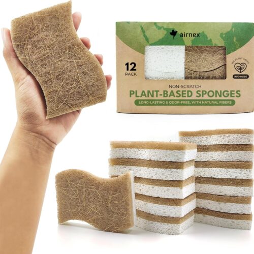 Biodegradable Natural Kitchen Sponge – Compostable Cellulose and Coconut Walnut Scrubber Sponge (12 Pack)