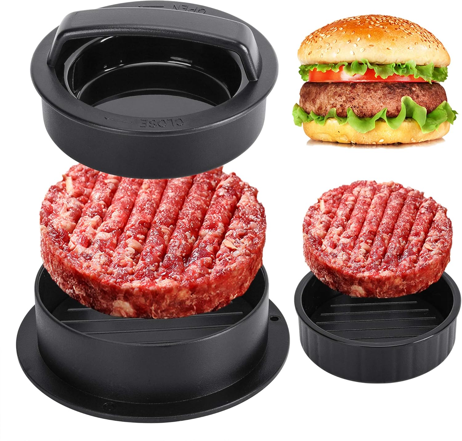 Burger Press Hamburger Patty Maker Slider Press Stuffed Burger Patty Press Regular Burger Patties Cookery Mold 3 in 1 Non Stick Kitchen Barbecue Tool