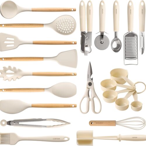 CAROTE 22pcs Silicone Cooking Utensils Set, 446°F Heat Resistant Kitchen Utensils Gadgets Set, Spatula, Turner, Whisk, Tongs
