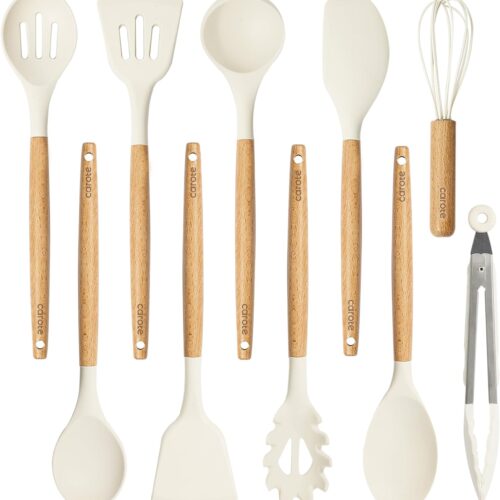 CAROTE Silicone Cooking Utensils Set, Kitchen Utensils Set 10 Pcs for cooking, BPA Free Spatula Set with Heat Resistant Wood Handles for Nonstick Cookware (Cream White)